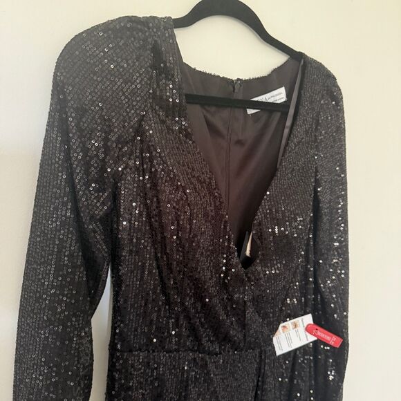 NWT Ieena for Mac Duggal Black Sequin Faux Wrap Long Sleeve Ruched Gown Sz 12 - Picture 9 of 10